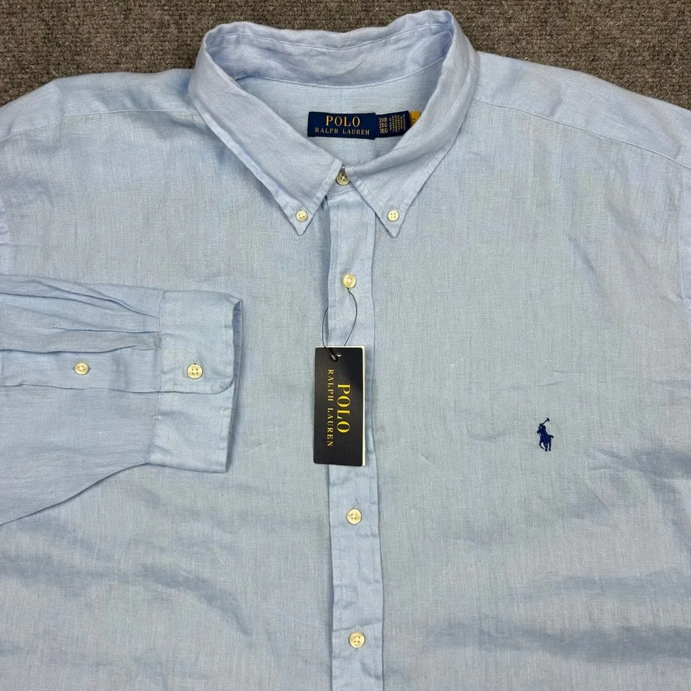 Polo Ralph Lauren Linen Shirt Mens 3XB Blue Big & Tall Button Down Preppy Pony